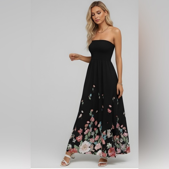 Black Floral Print A- Line Tube Dress - Picture 5 of 12